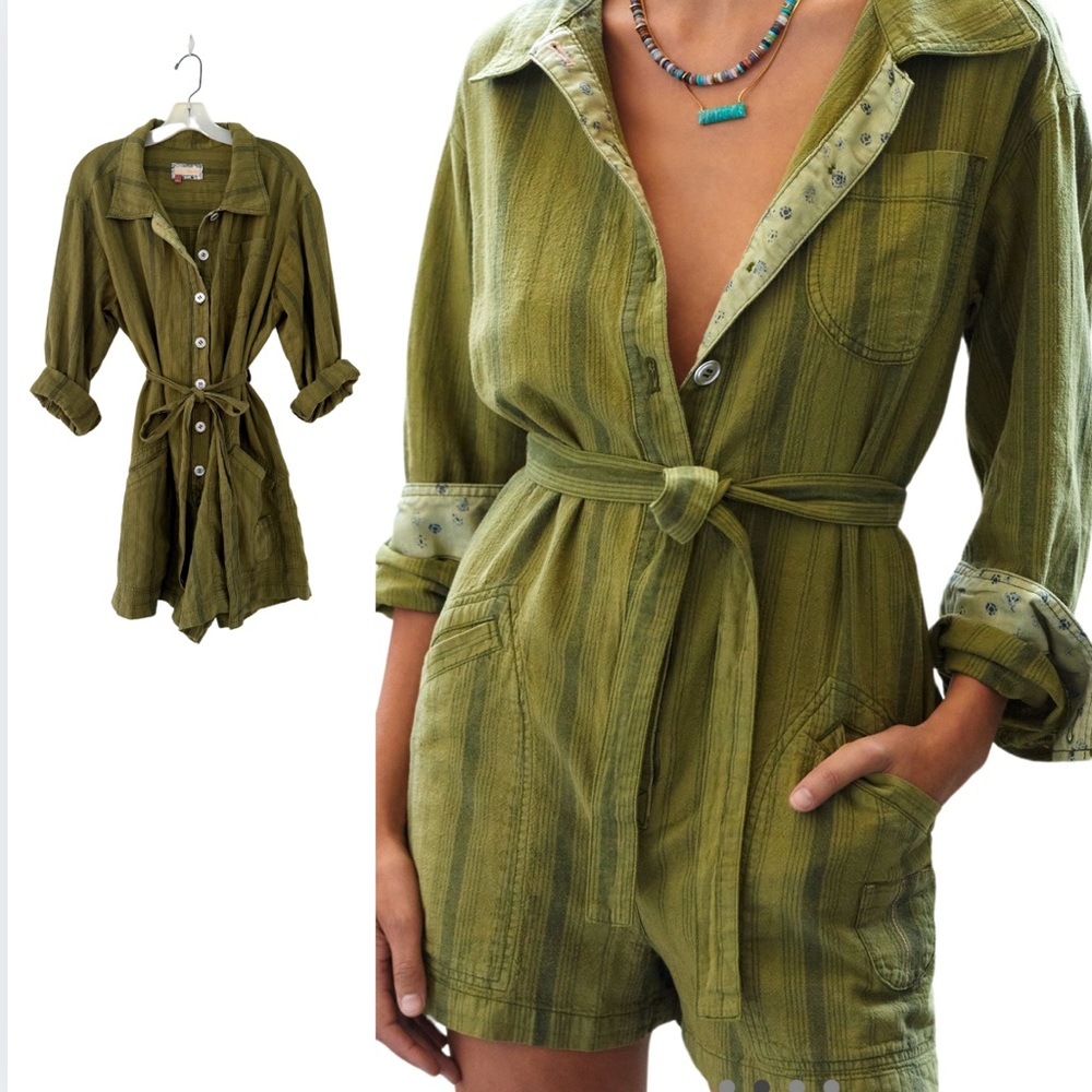 Green Striped Button-Up Romper